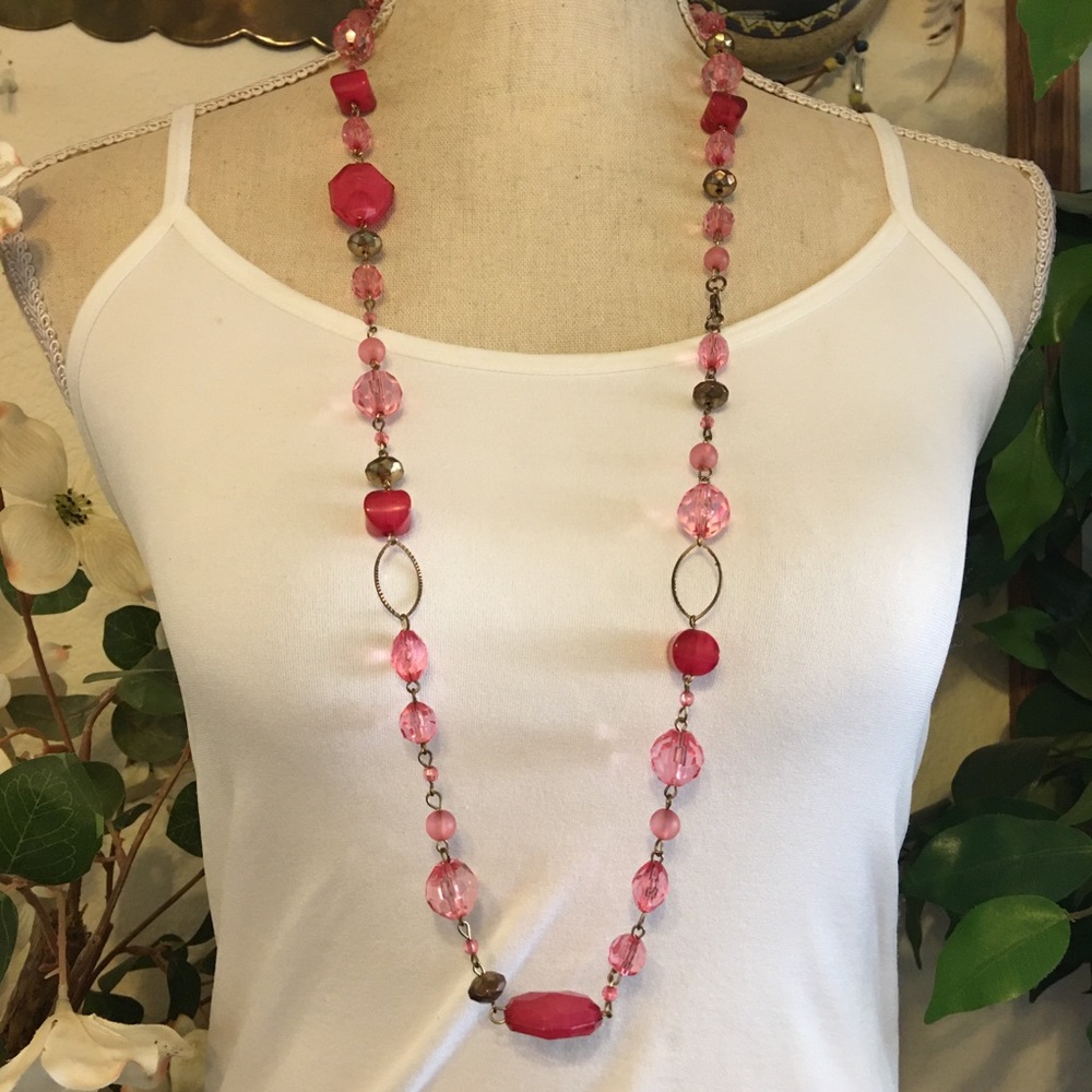 Vintage pink tone resin bead brass necklace